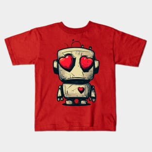 Cute clumsy sad valentine retro robot in love Kids T-Shirt